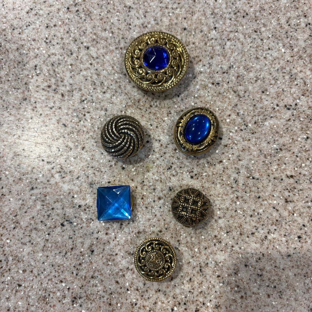 VINTAGE Button Covers, Set of 5, Brass with Blue Stones